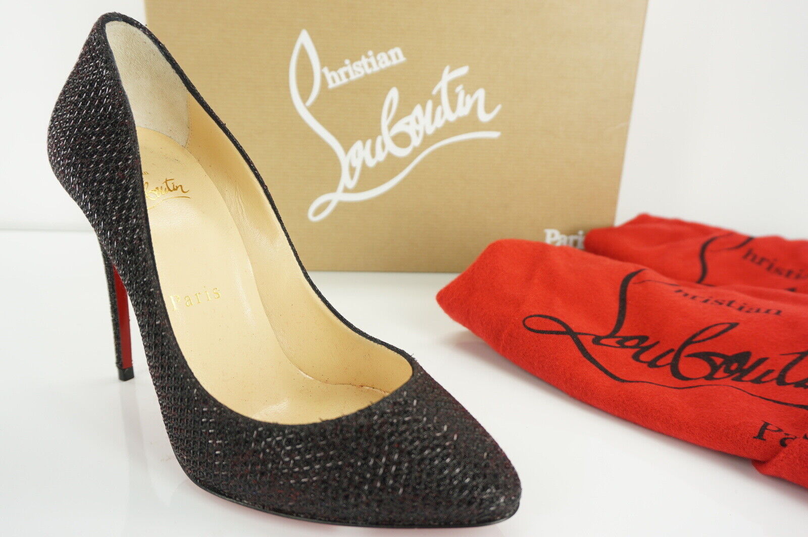 Christian Louboutin Eloise Black Glitter Pumps Sz 35 Pointy Red Bottom